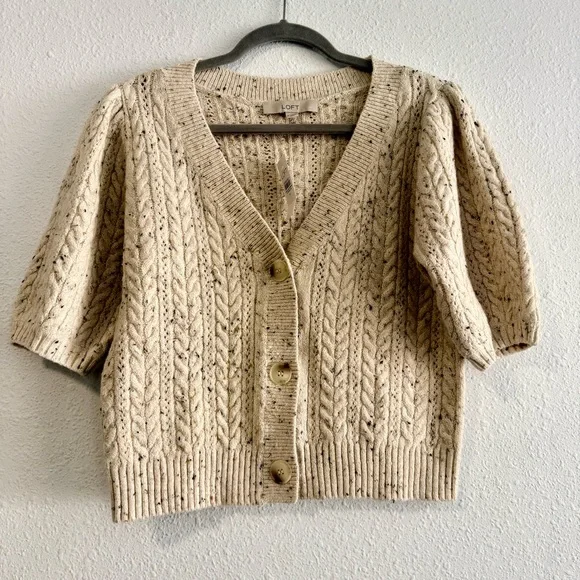 LOFT Flecked Stitchy Puff Sleeve Cotton Blend Cardigan Size Medium‎ NWT - Picture 2 of 8